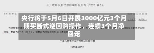 央行将于5月6日开展3000亿元3个月期买断式逆回购操作，连续3个月净回笼