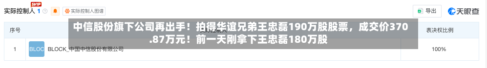 中信股份旗下公司再出手！拍得华谊兄弟王忠磊190万股股票，成交价370.87万元！前一天刚拿下王忠磊180万股